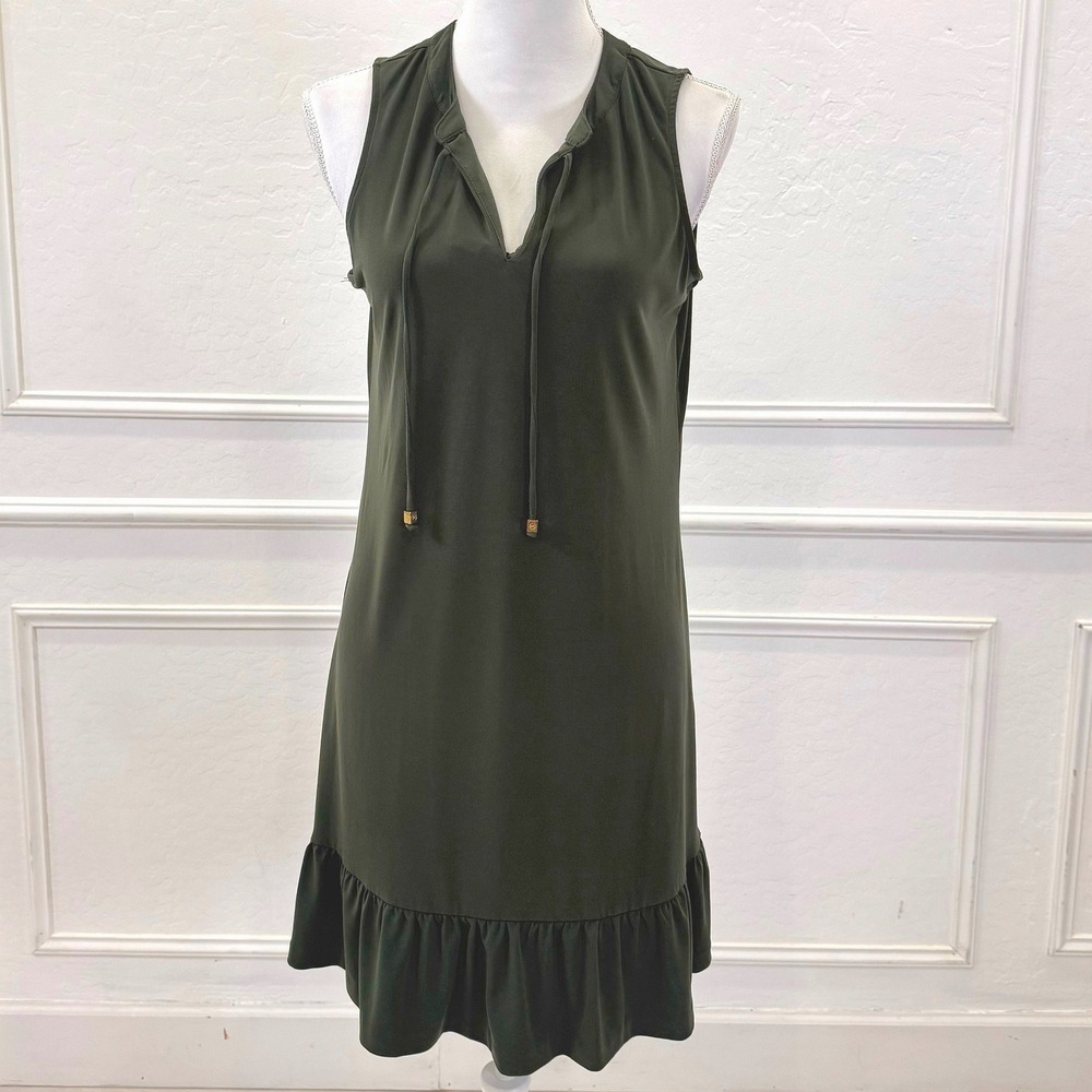 MICHAEL KORS Olive Green Sleeveless Tie‎ Neck Ruffle Hem Dress Women's Medium